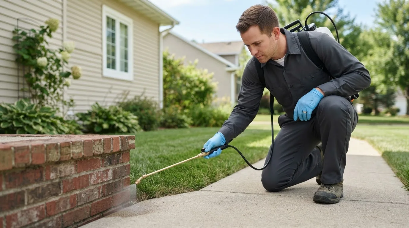 Pest control technician treating a home near Columbus, NE