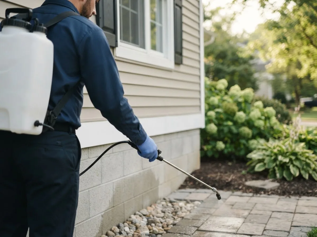 Pest control technician inspecting a home in Columbus, NE